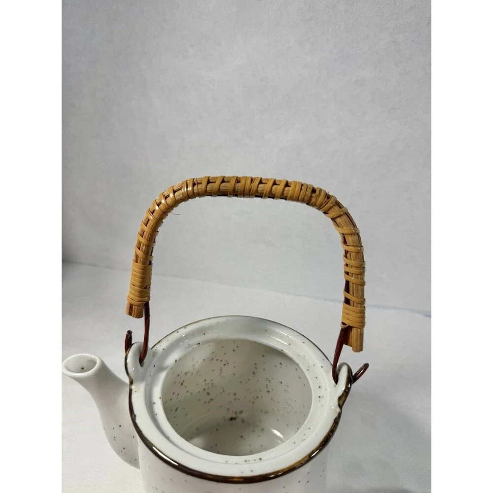 Vintage Speckled Ceramic Teapot Bamboo Handle Hand Painted Flowers Japan